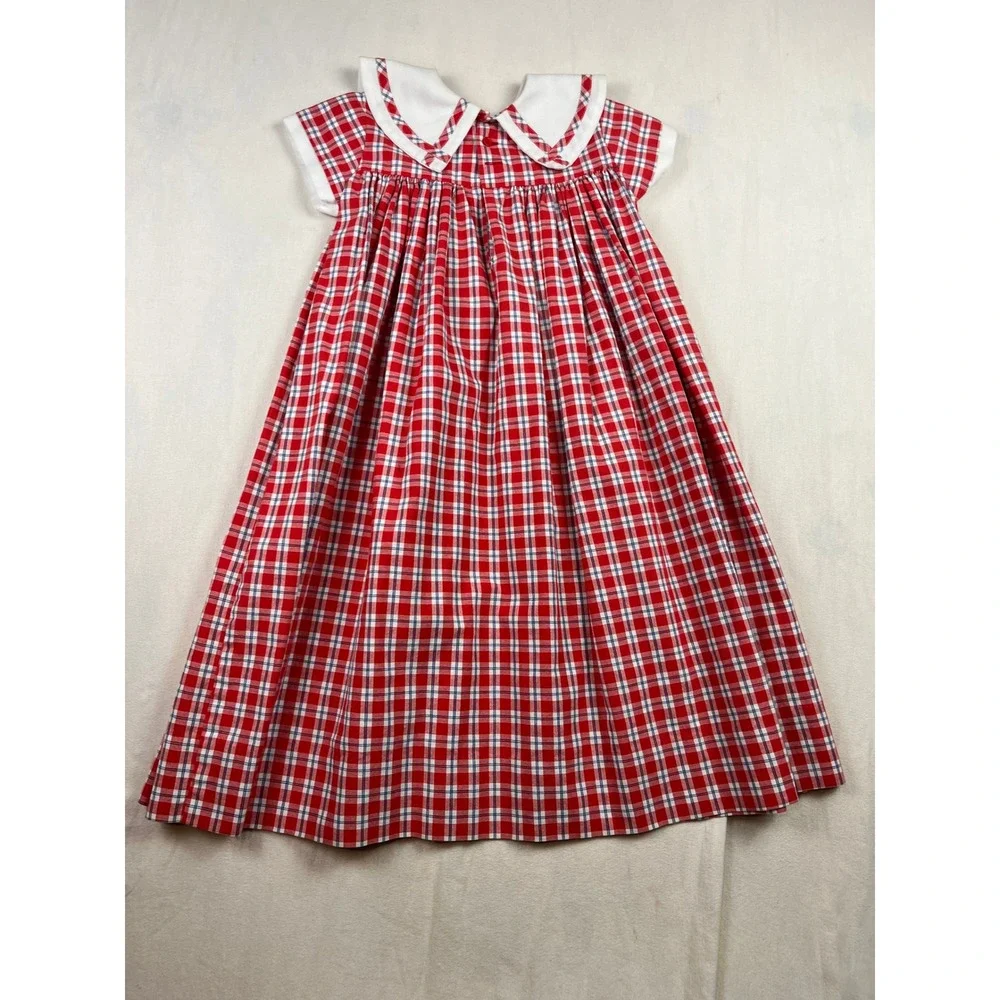 Rags Land Girls Red White Blue Plaid Peter Pan Collar Cotton Dress Size 6 USA